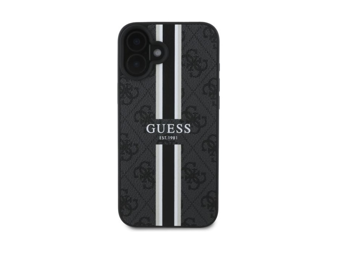 Capa Guess 4G com estampado de riscas e MagSafe para iPhone 16 - preta