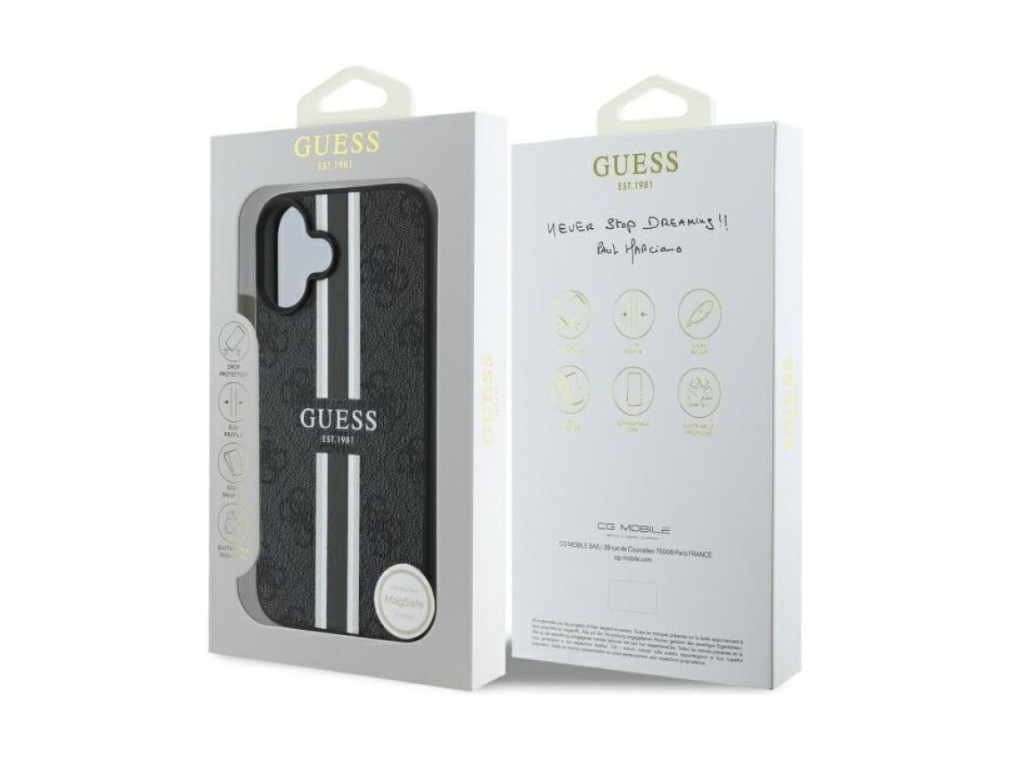Capa Guess 4G com estampado de riscas e MagSafe para iPhone 16 - preta