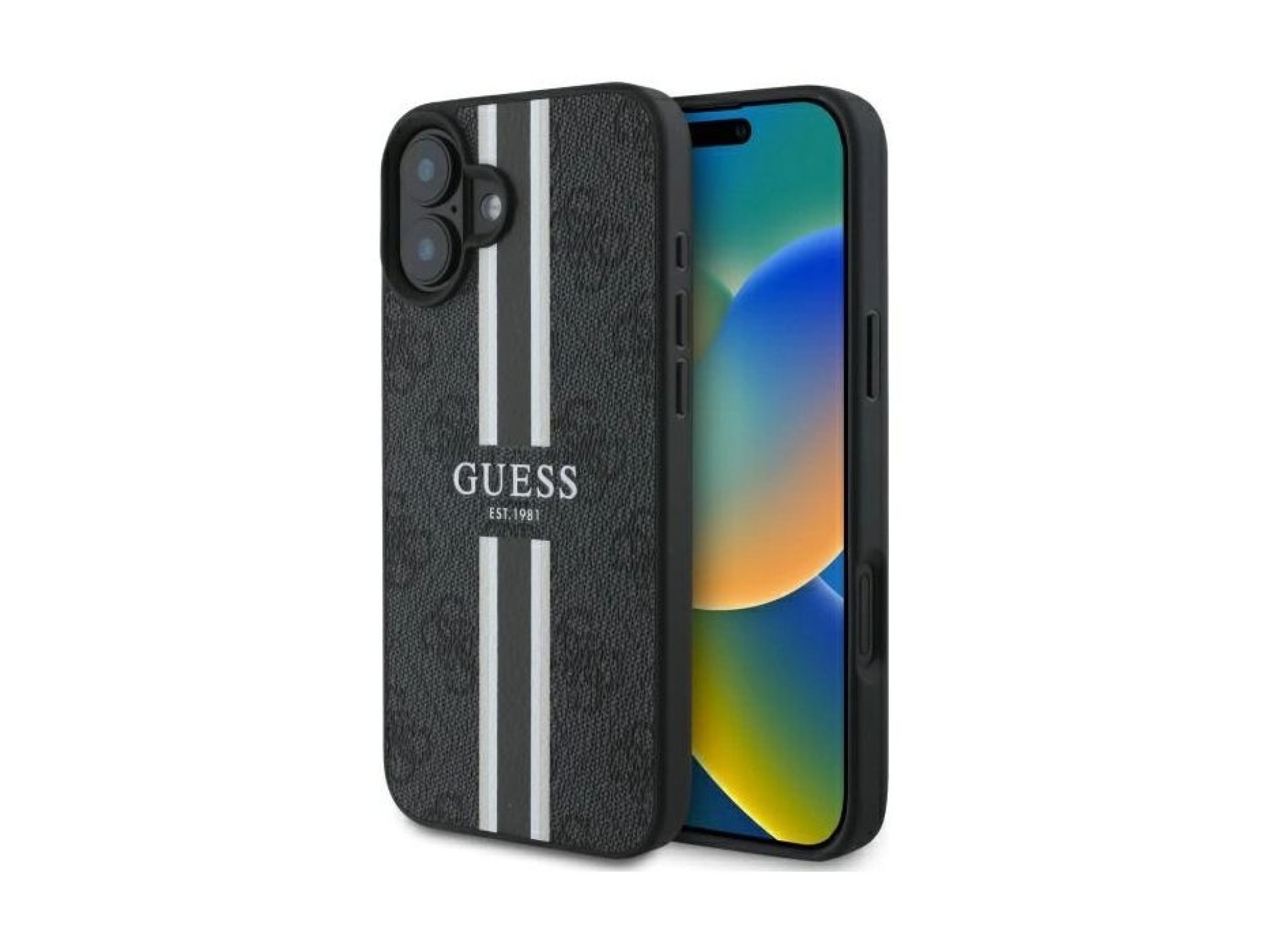 Capa Guess 4G com estampado de riscas e MagSafe para iPhone 16 - preta