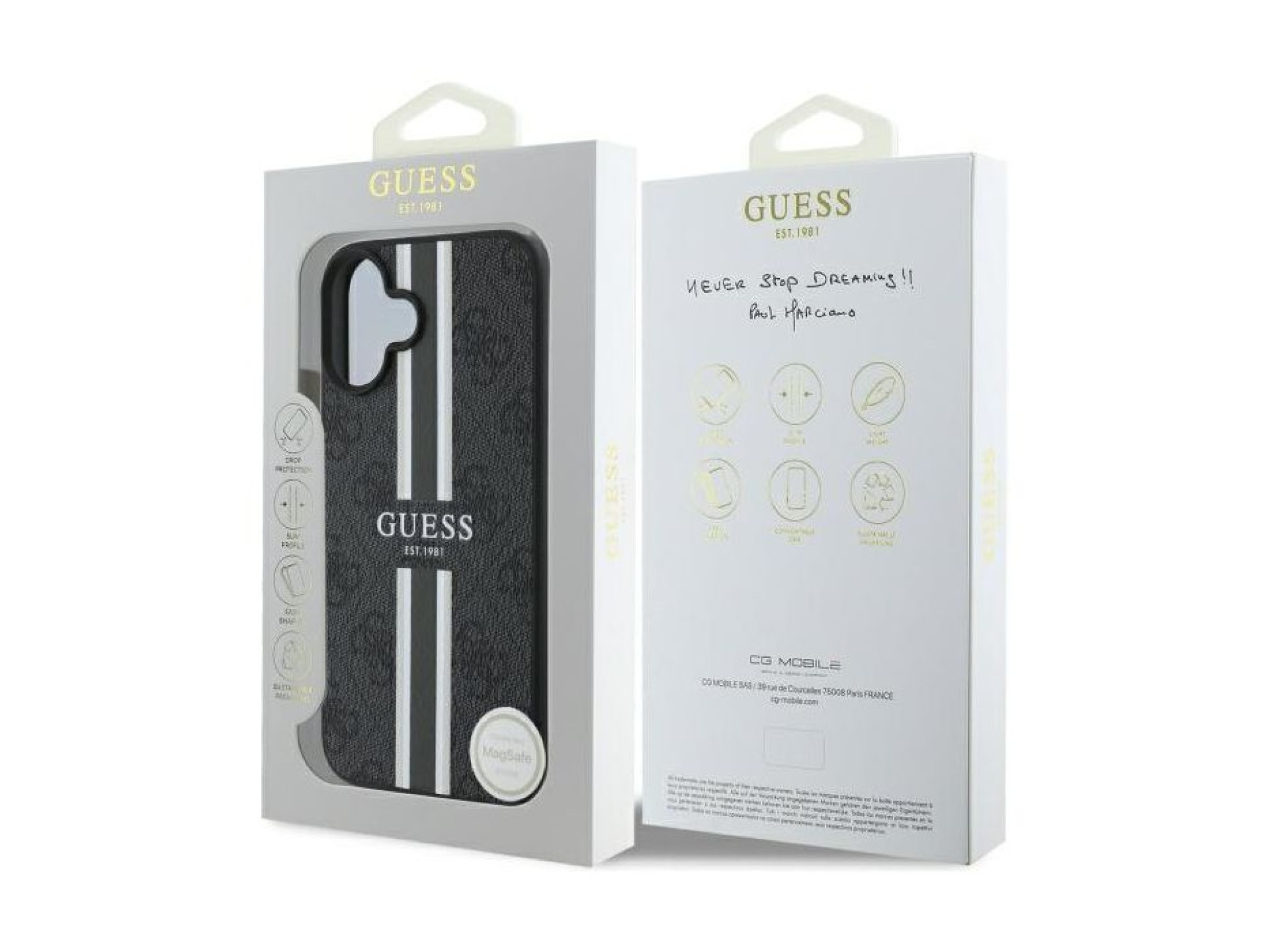 Capa Guess 4G com estampado de riscas e MagSafe para iPhone 16 - preta