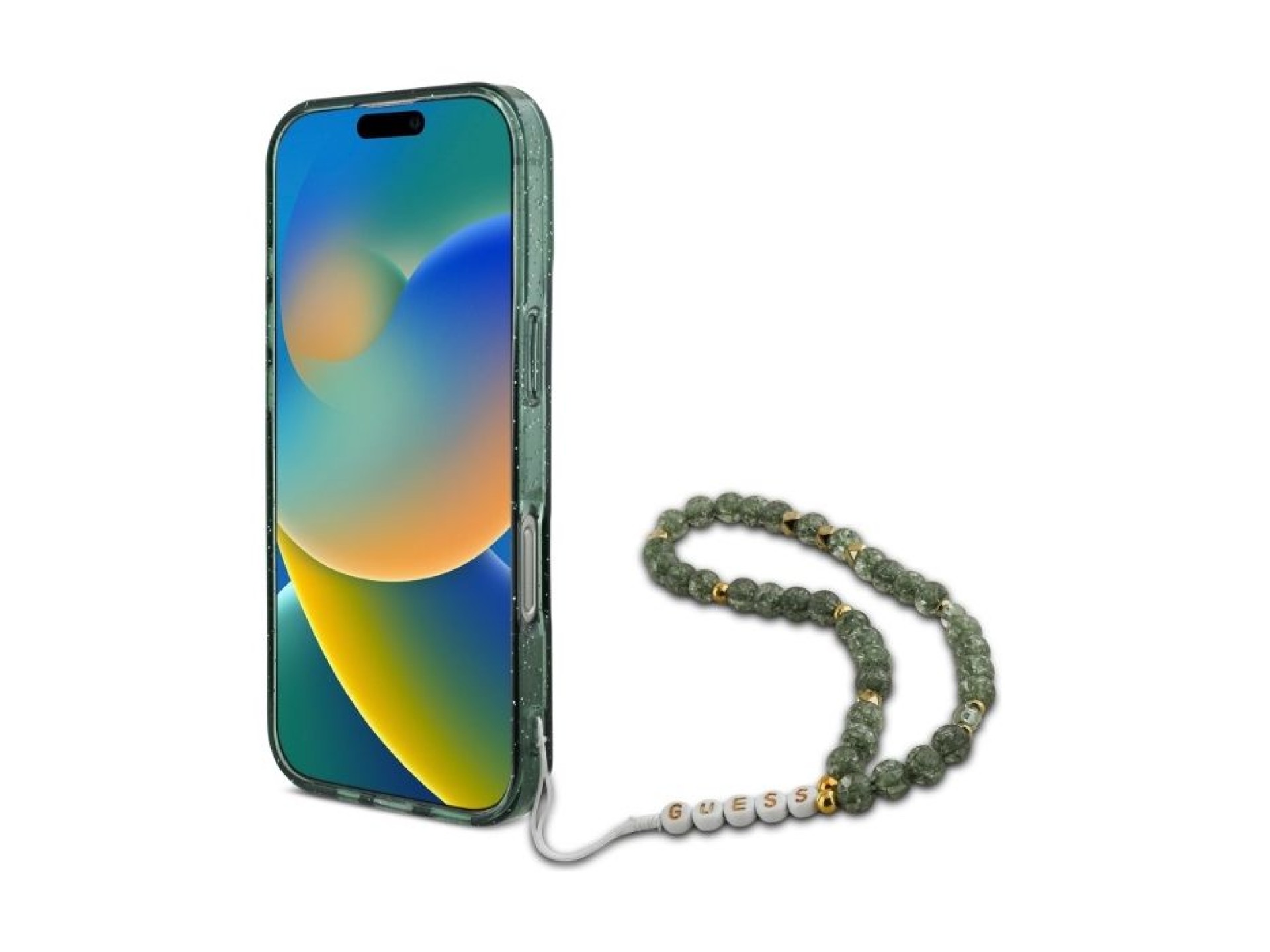 Guess IML Glitter With Pearl Strap MagSafe case for iPhone 16 Pro Max - green