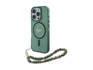 Guess IML Glitter With Pearl Strap MagSafe case for iPhone 16 Pro Max - green