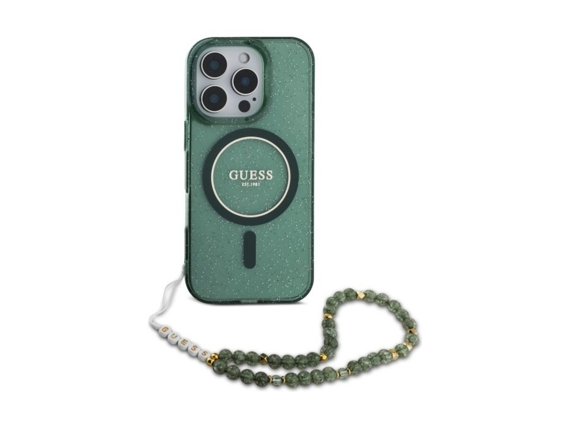 Guess IML Glitter With Pearl Strap MagSafe case for iPhone 16 Pro Max - green