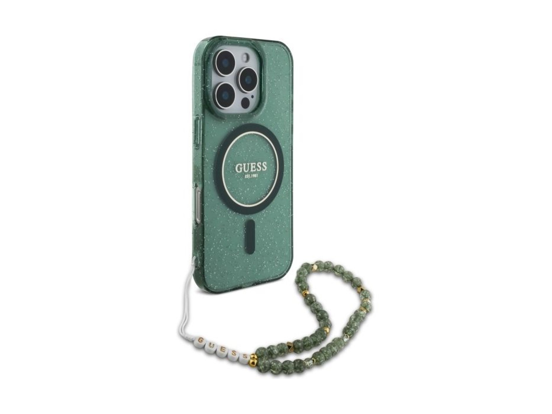 Guess IML Glitter With Pearl Strap MagSafe case for iPhone 16 Pro Max - green