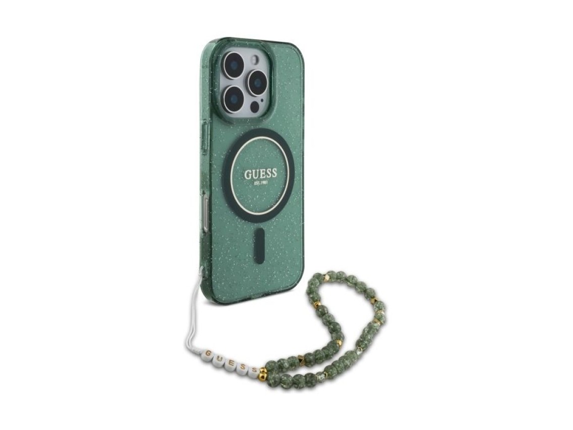 Guess IML Glitter With Pearl Strap MagSafe case for iPhone 16 Pro Max - green
