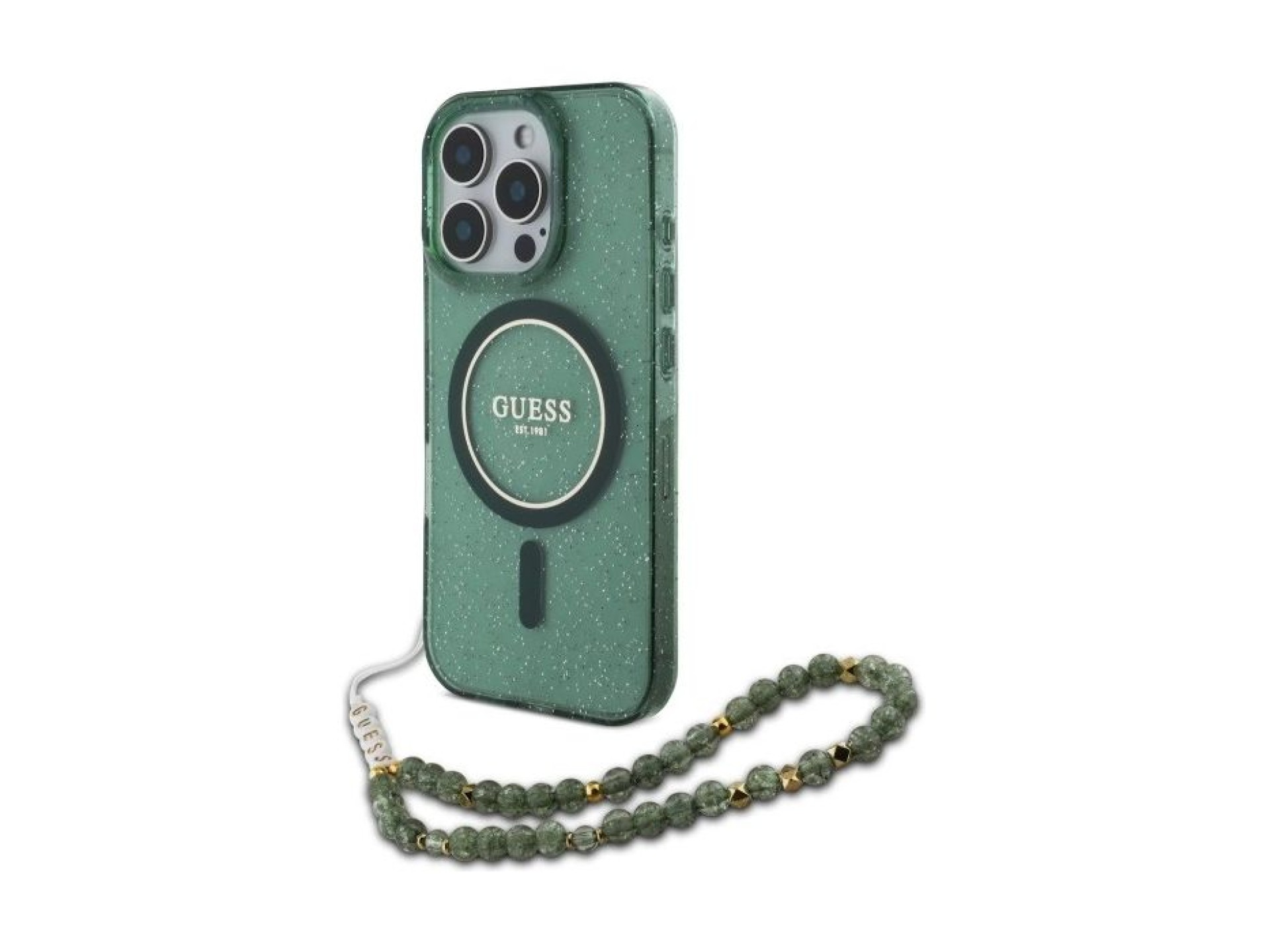 Guess IML Glitter With Pearl Strap MagSafe case for iPhone 16 Pro Max - green