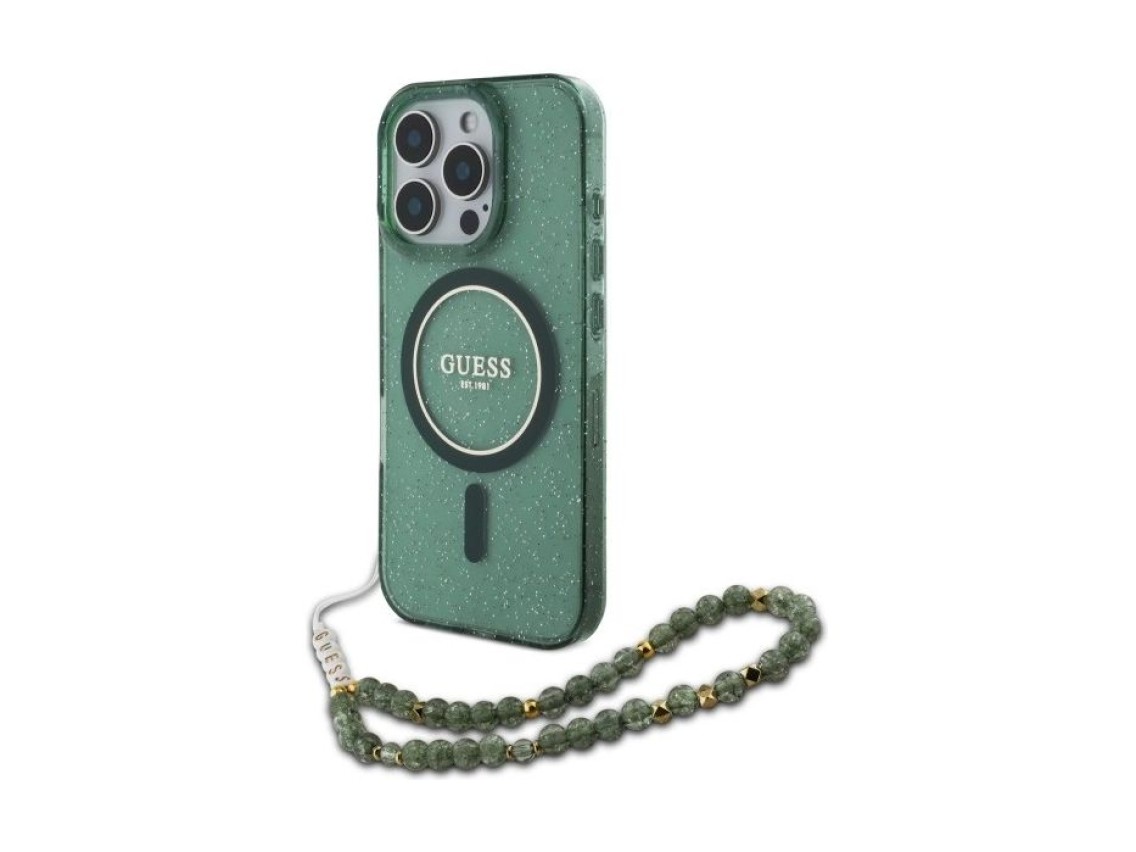 Guess IML Glitter With Pearl Strap MagSafe case for iPhone 16 Pro Max - green