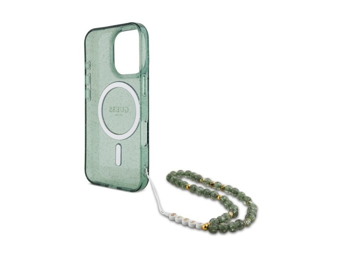 Capa Guess IML Glitter com Pega de P�rolas e MagSafe para iPhone 16 Pro Max - verde