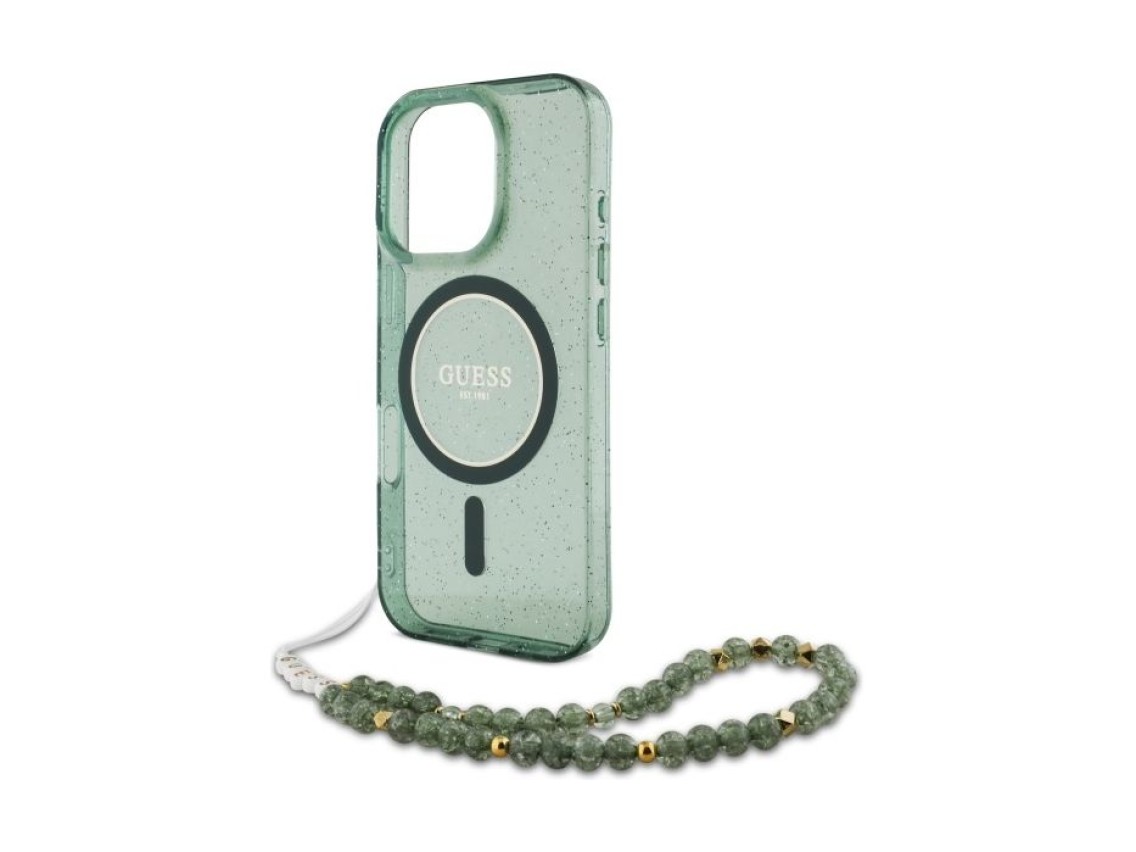 Guess IML Glitter With Pearl Strap MagSafe case for iPhone 16 Pro Max - green