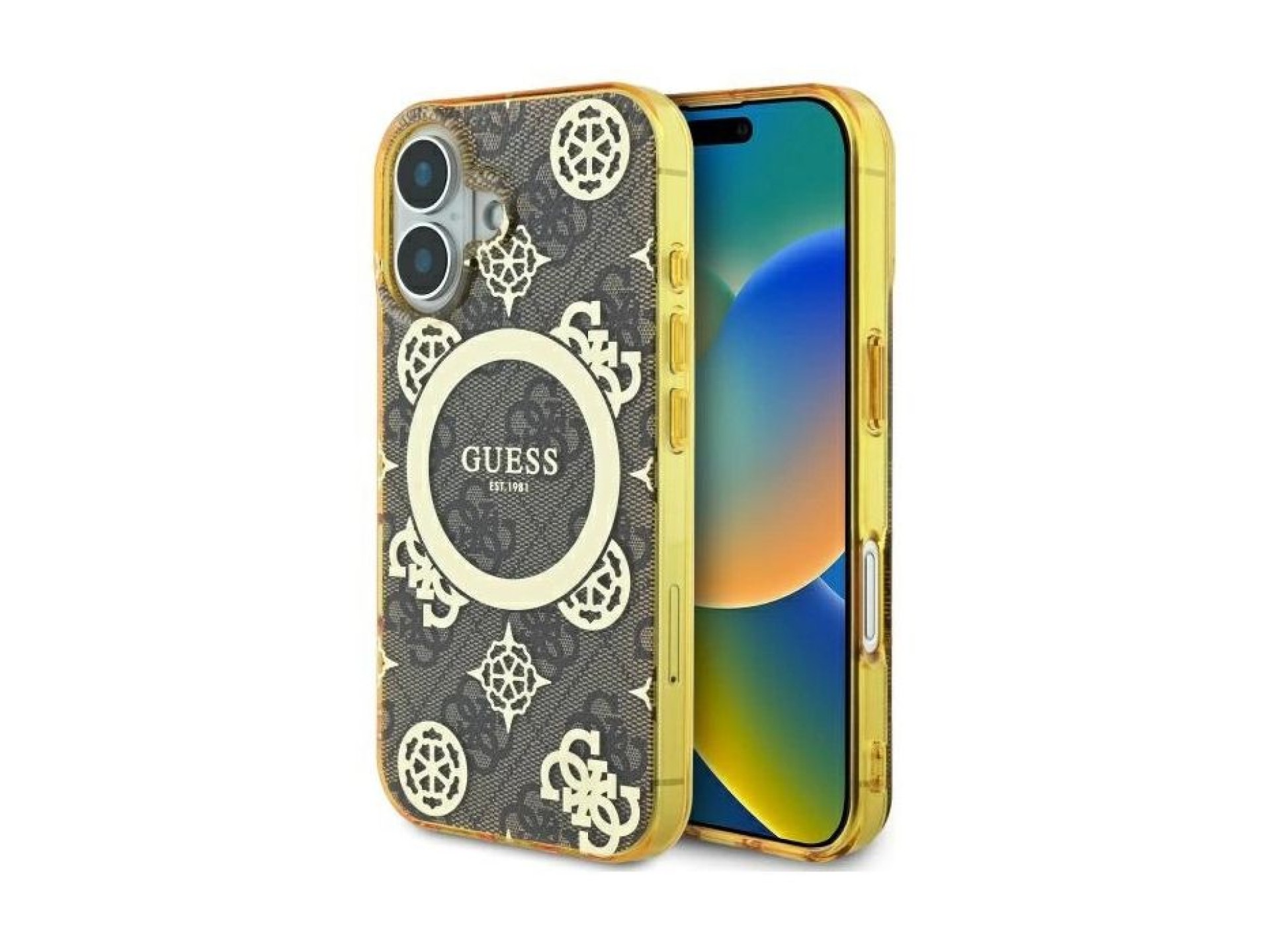 Guess IML Peony On 4G Background MagSafe iPhone 16 Case - Brown
