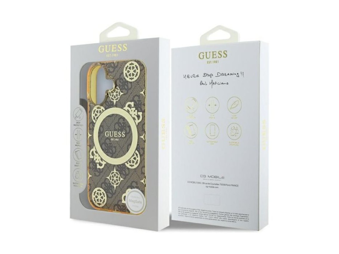 Guess IML Peony On 4G Background MagSafe iPhone 16 Case - Brown