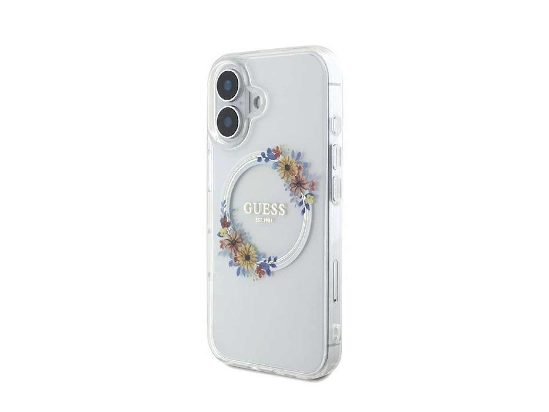 Guess IML Flowers Wreath MagSafe Case for iPhone 16 Plus - Clear