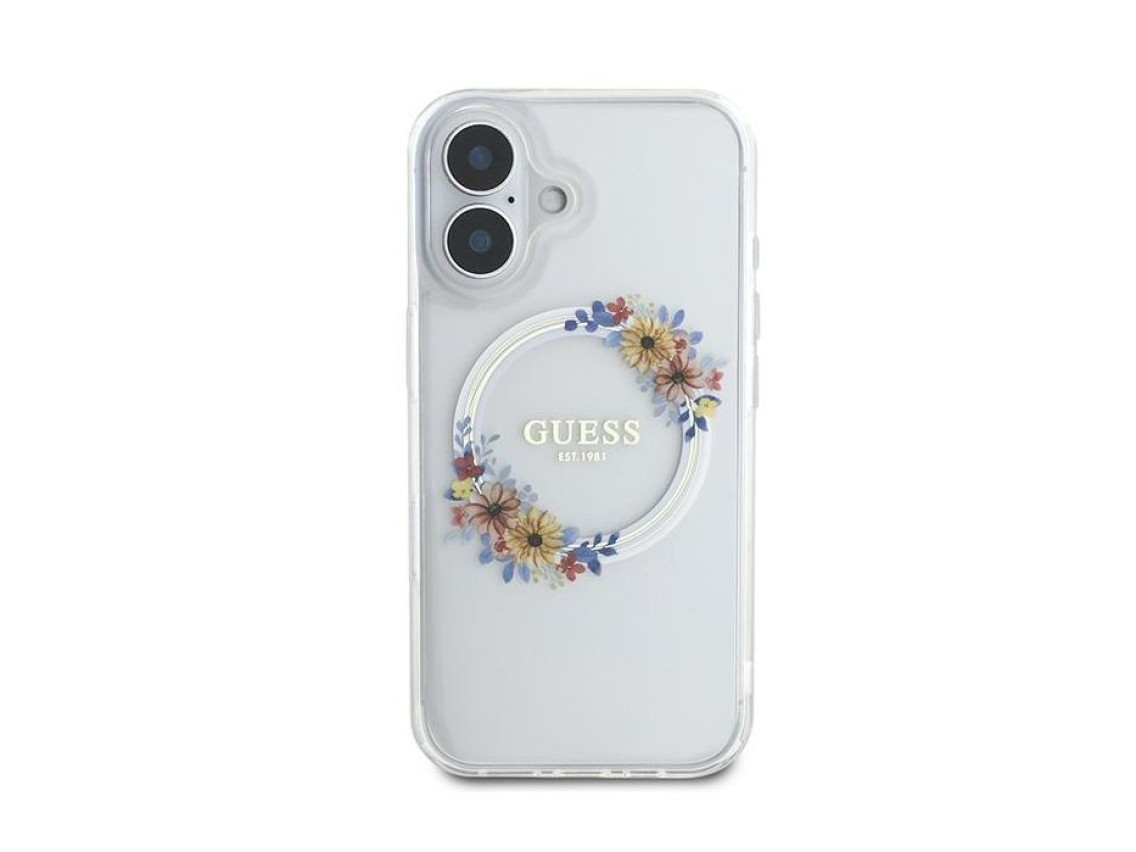 Guess IML Flowers Wreath MagSafe Case for iPhone 16 Plus - Clear