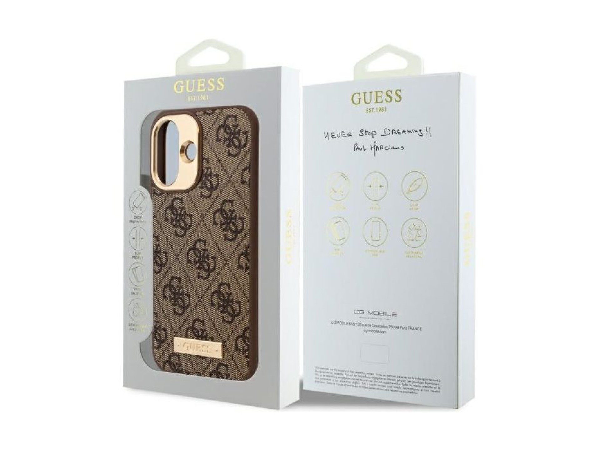 Guess 4G Logo Plate MagSafe case for iPhone 16 - brown