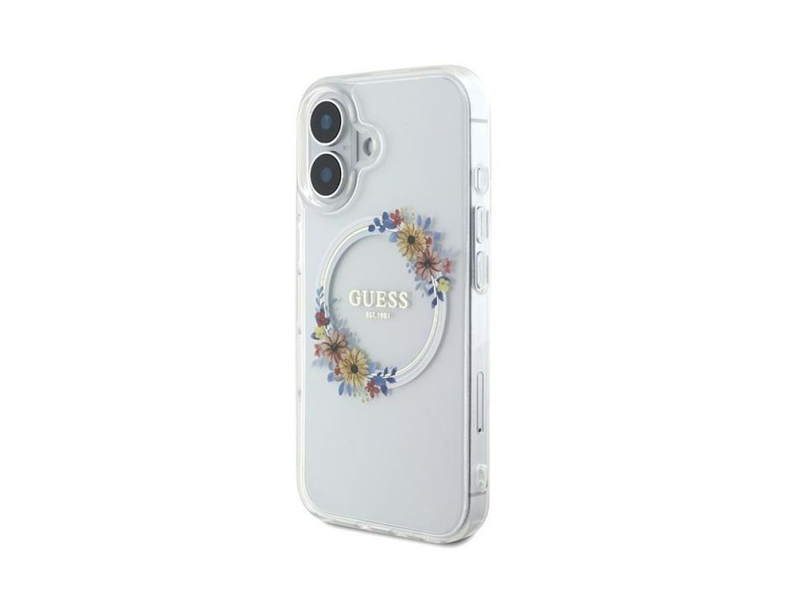 Guess IML Flowers Wreath MagSafe Case for iPhone 16 Plus - Clear