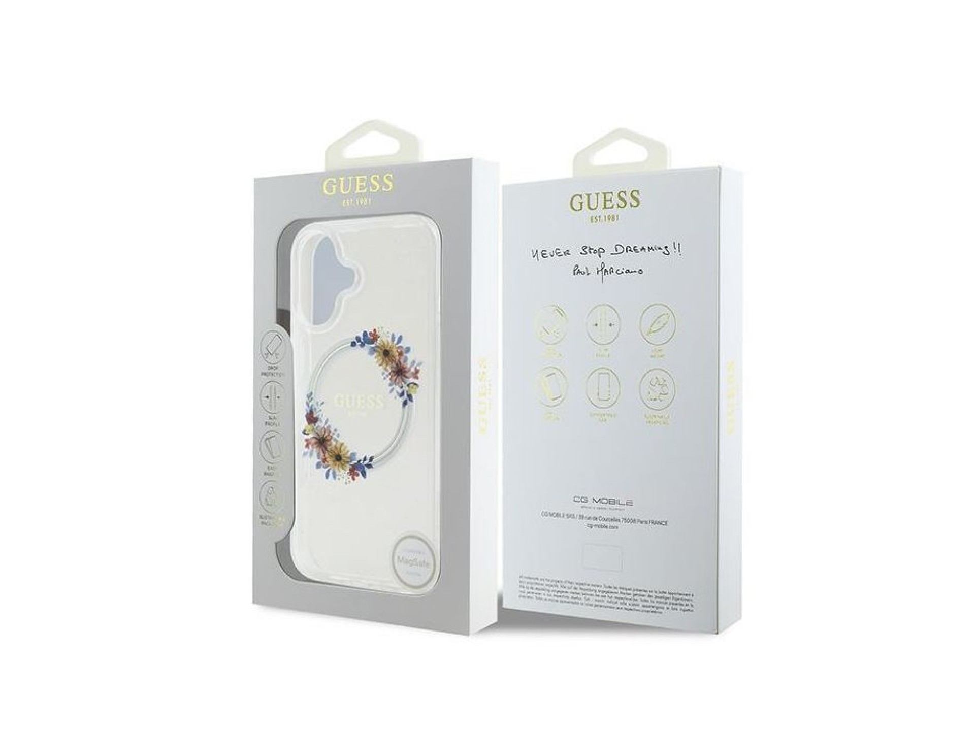 Guess IML Flowers Wreath MagSafe Case for iPhone 16 Plus - Clear