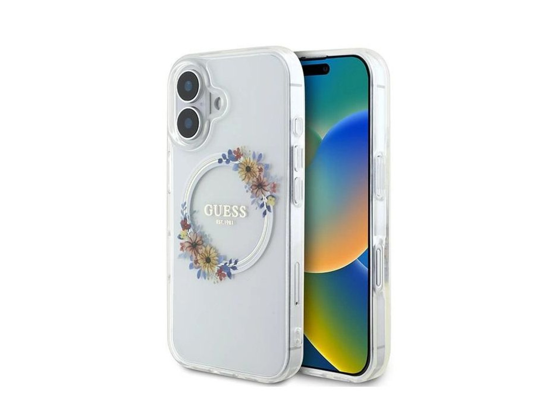 Guess IML Flowers Wreath MagSafe Case for iPhone 16 Plus - Clear