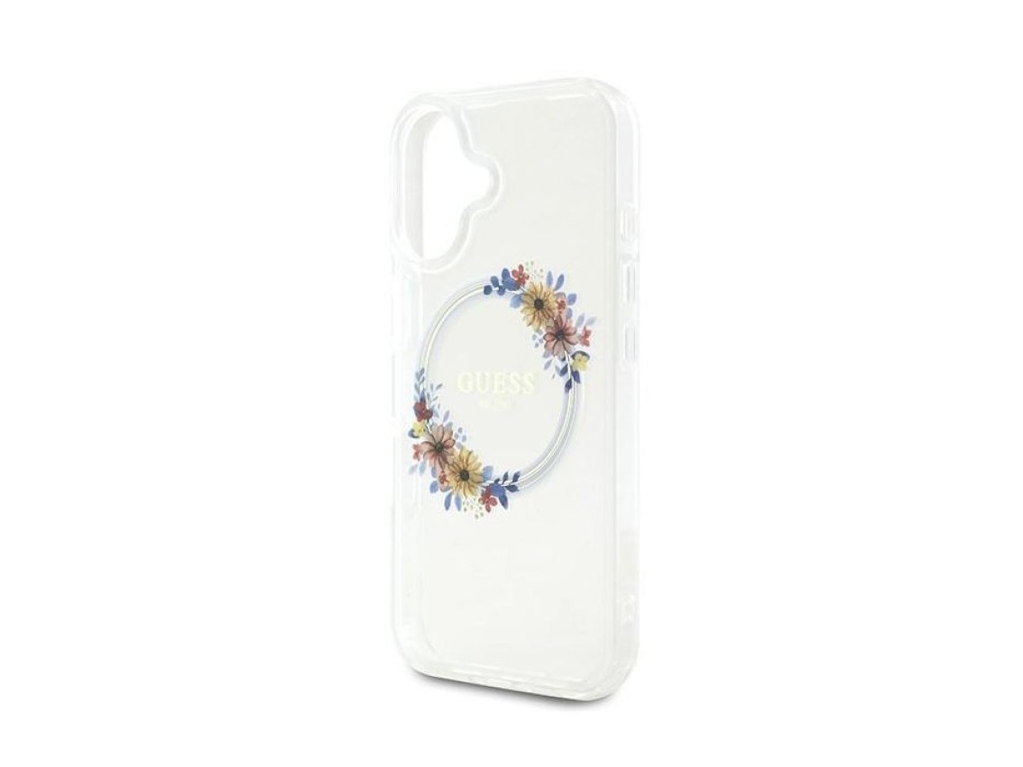 Guess IML Flowers Wreath MagSafe Case for iPhone 16 Plus - Clear