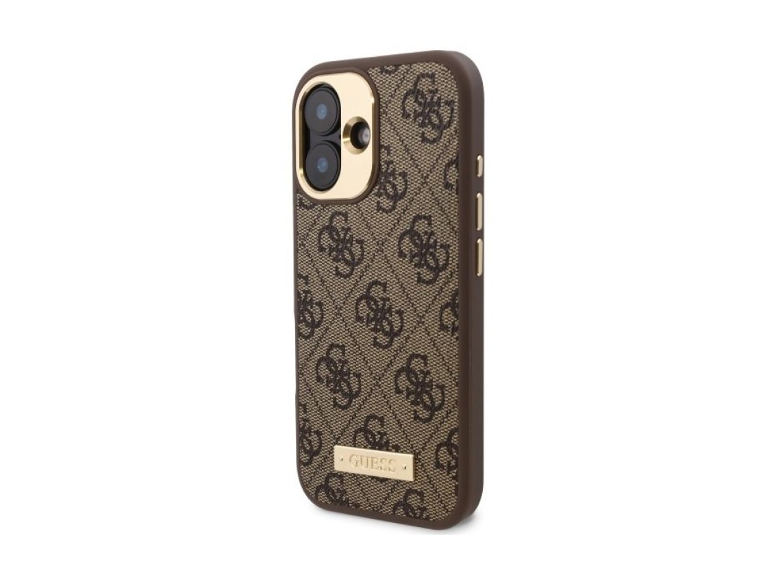 Guess 4G Logo Plate MagSafe case for iPhone 16 - brown