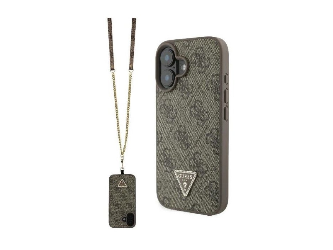 Guess Leather Metal Logo Strass Crossbody Case for iPhone 16 - Brown