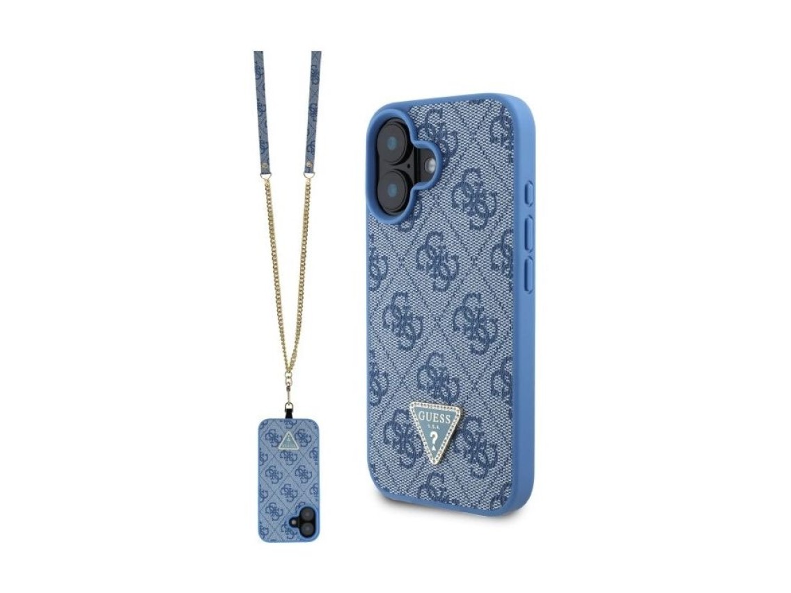 Funda bandolera de cuero Guess con logo metálico y pedrería para iPhone 16 - Azul