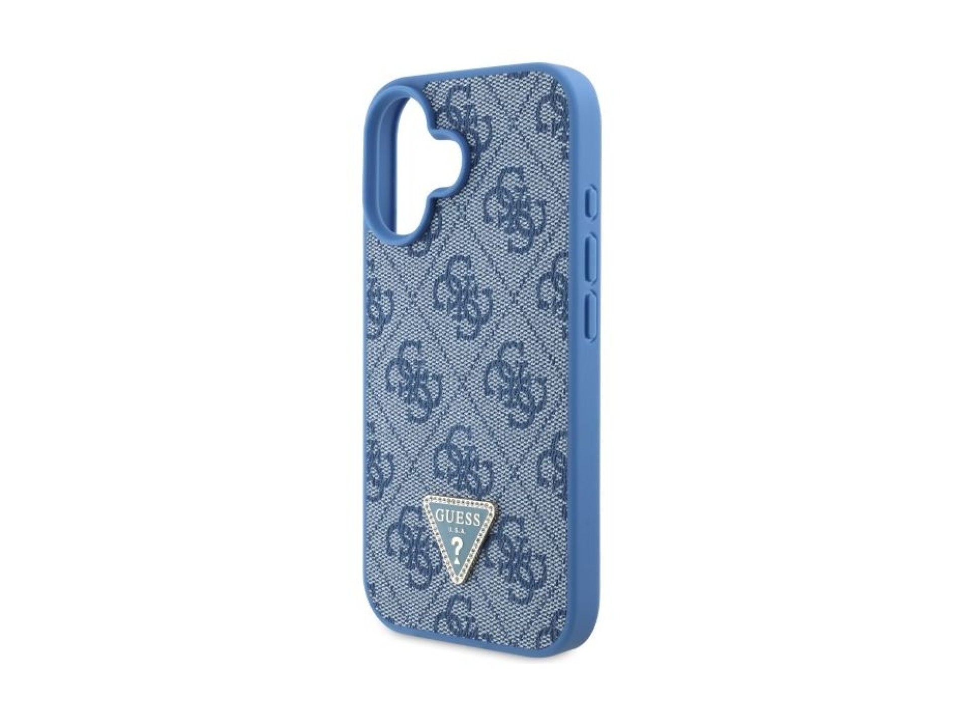Funda bandolera de cuero Guess con logo metálico y pedrería para iPhone 16 - Azul