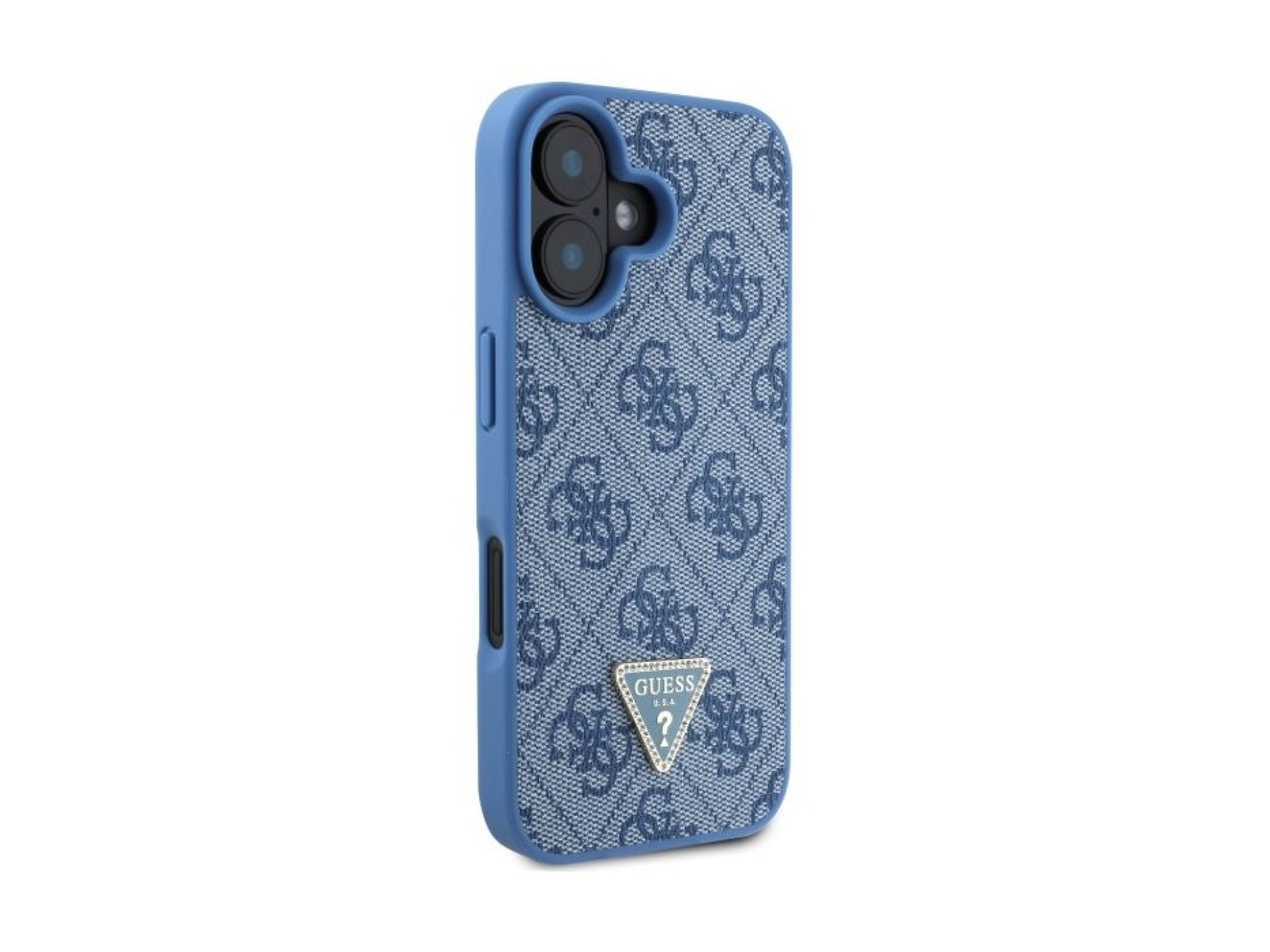 Funda bandolera de cuero Guess con logo metálico y pedrería para iPhone 16 - Azul