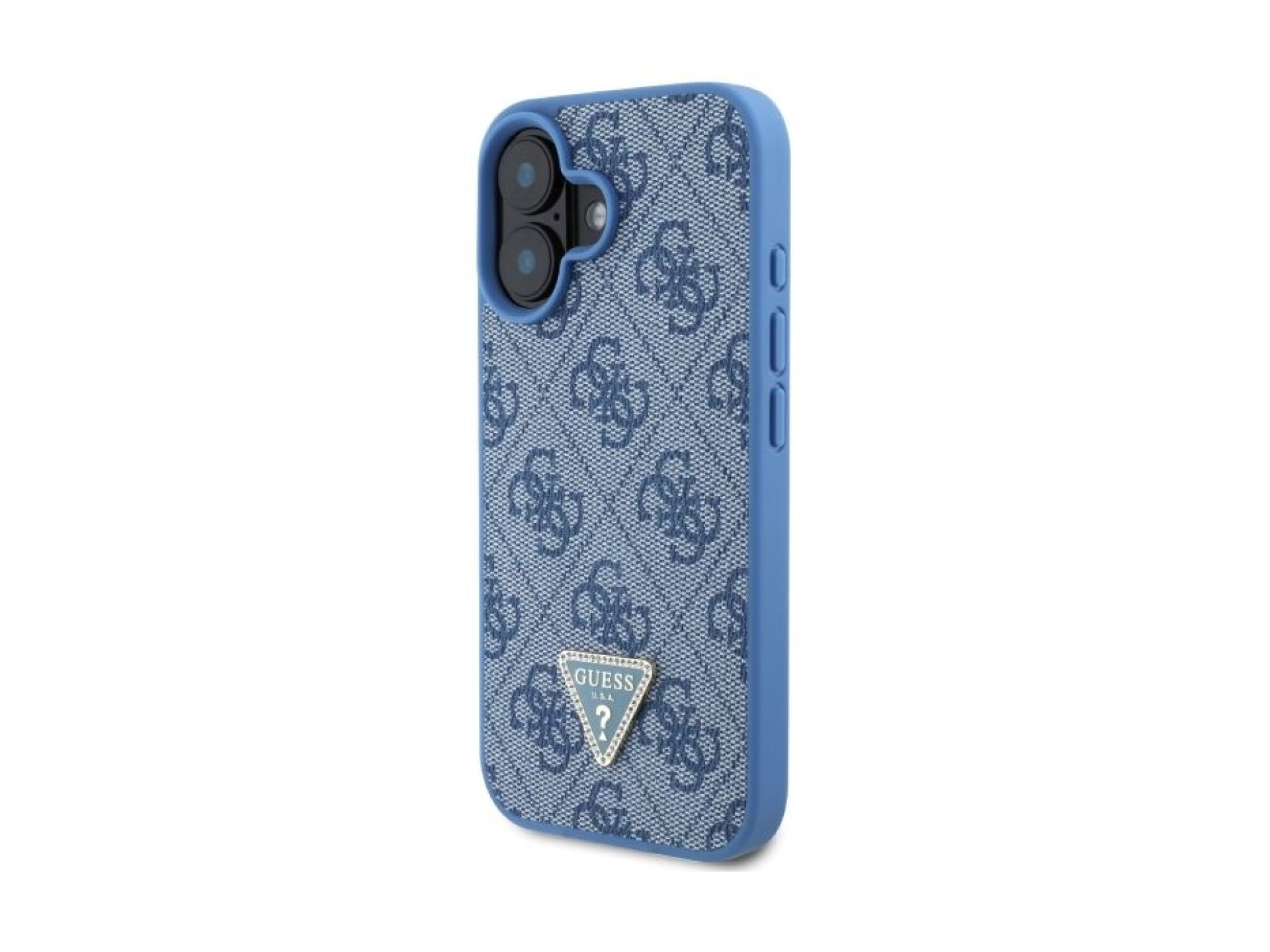 Funda bandolera de cuero Guess con logo metálico y pedrería para iPhone 16 - Azul