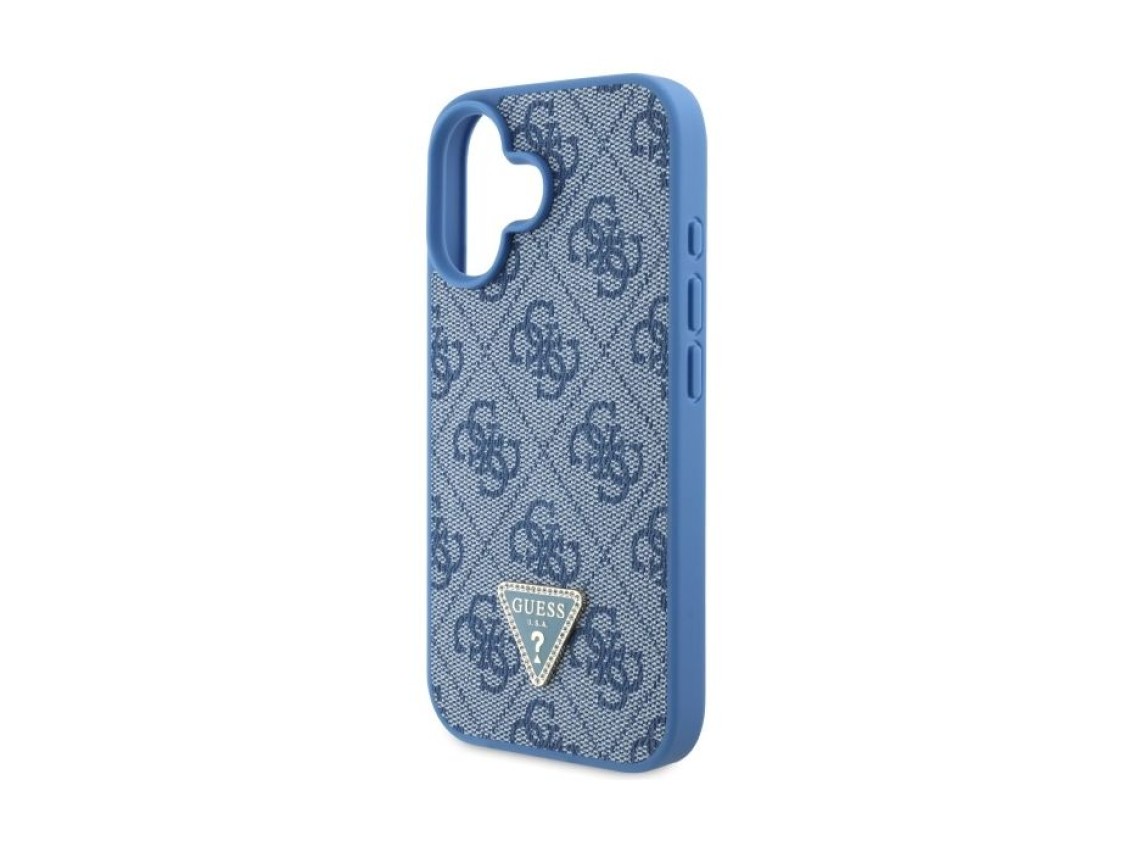 Funda bandolera de cuero Guess con logo metálico y pedrería para iPhone 16 - Azul