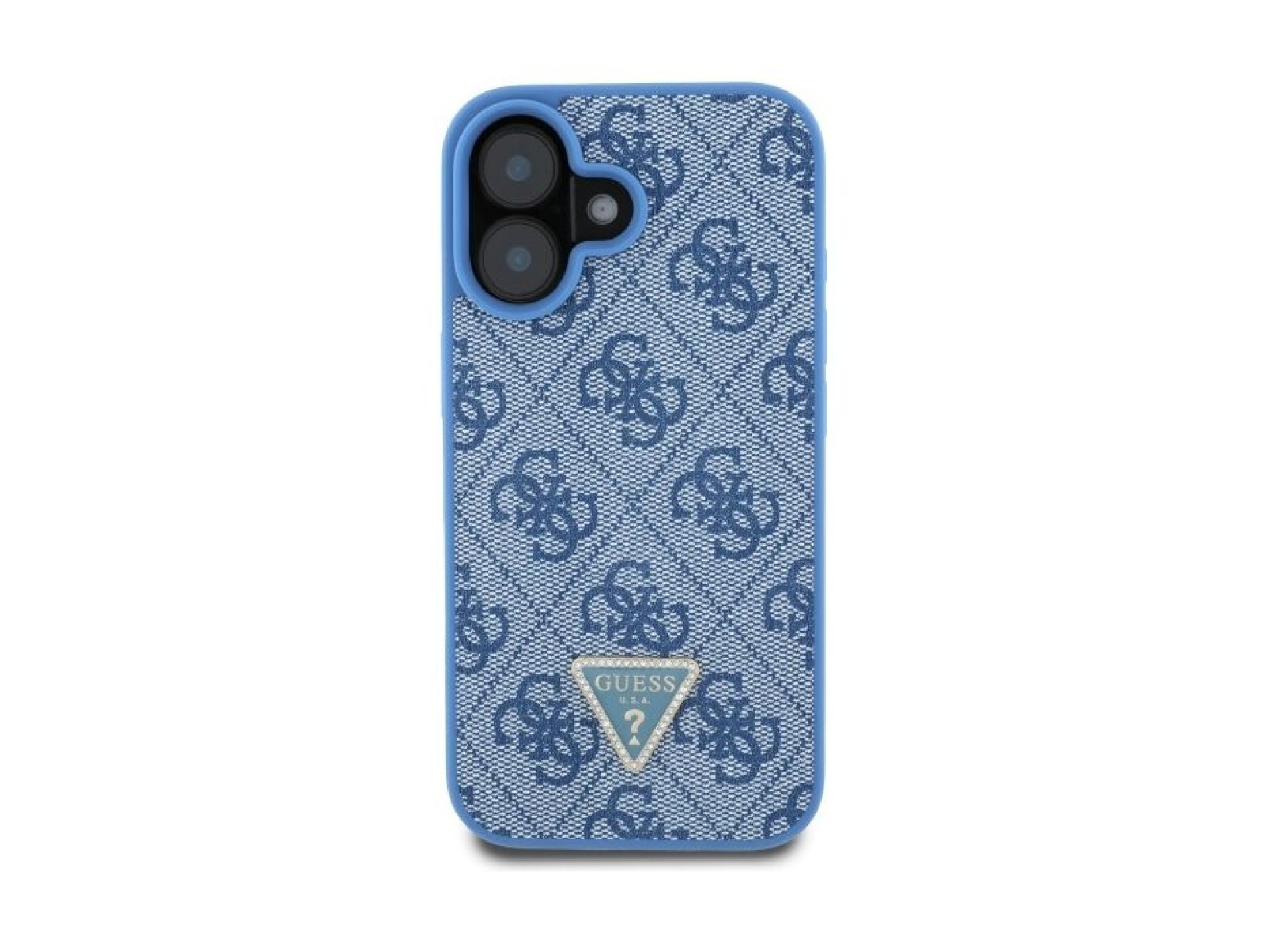 Funda bandolera de cuero Guess con logo metálico y pedrería para iPhone 16 - Azul