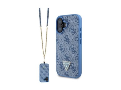 Capa transversal Guess em pele com logótipo metálico e strass para iPhone 16 - Azul Capa transversal Guess em pele com logótipo metálico e strass para iPhone 16 - Azul