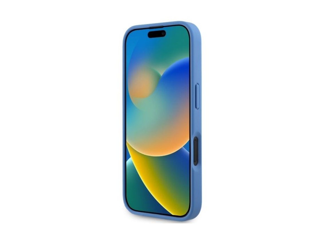 Funda bandolera de cuero Guess con logo metálico y pedrería para iPhone 16 - Azul