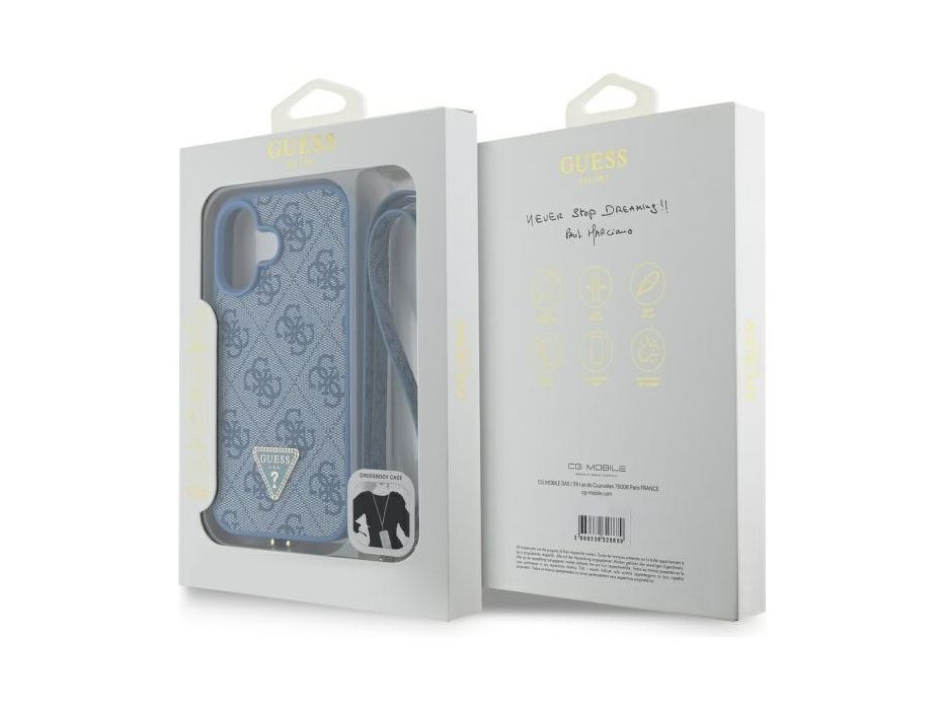 Funda bandolera de cuero Guess con logo metálico y pedrería para iPhone 16 - Azul