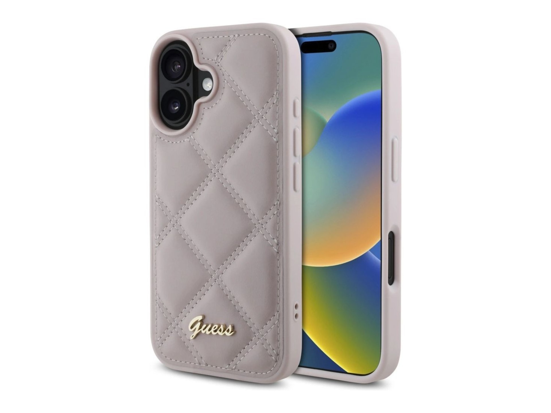 Funda Guess acolchada con logo metálico para iPhone 16 - Rosa