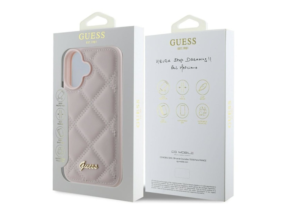 Funda Guess acolchada con logo metálico para iPhone 16 - Rosa