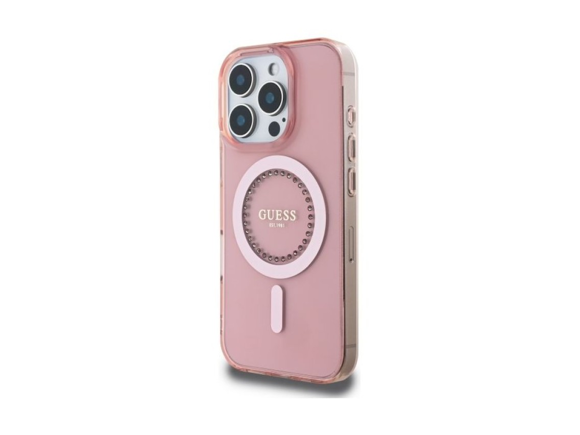 Capa Guess IML com strass e MagSafe para iPhone 16 Pro - Rosa