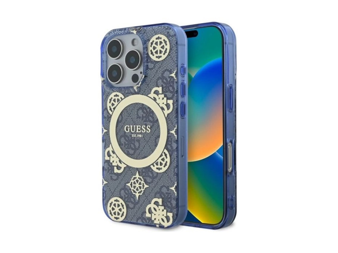 Capa MagSafe Guess IML Peony On 4G Background para iPhone 16 Pro - azul