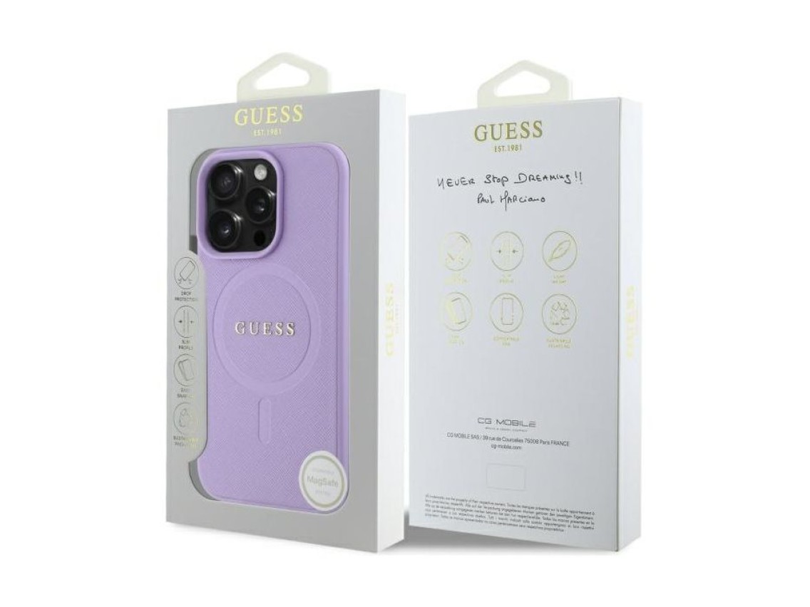 Capa Guess Saffiano MagSafe para iPhone 16 Pro Max - roxa