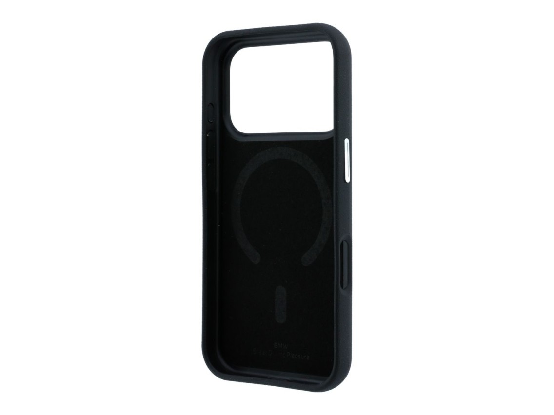 Capa MagSafe com letras em relevo inclinadas da BMW para iPhone 17 Pro/18 Pro - Preta