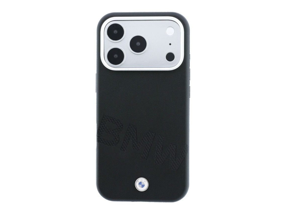 Capa MagSafe com letras em relevo inclinadas da BMW para iPhone 17 Pro/18 Pro - Preta