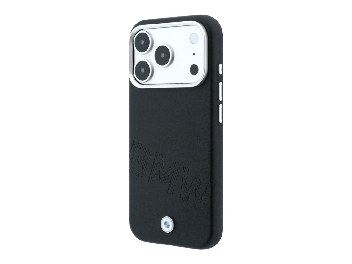 Capa MagSafe com letras em relevo inclinadas da BMW para iPhone 17 Pro/18 Pro - Preta
