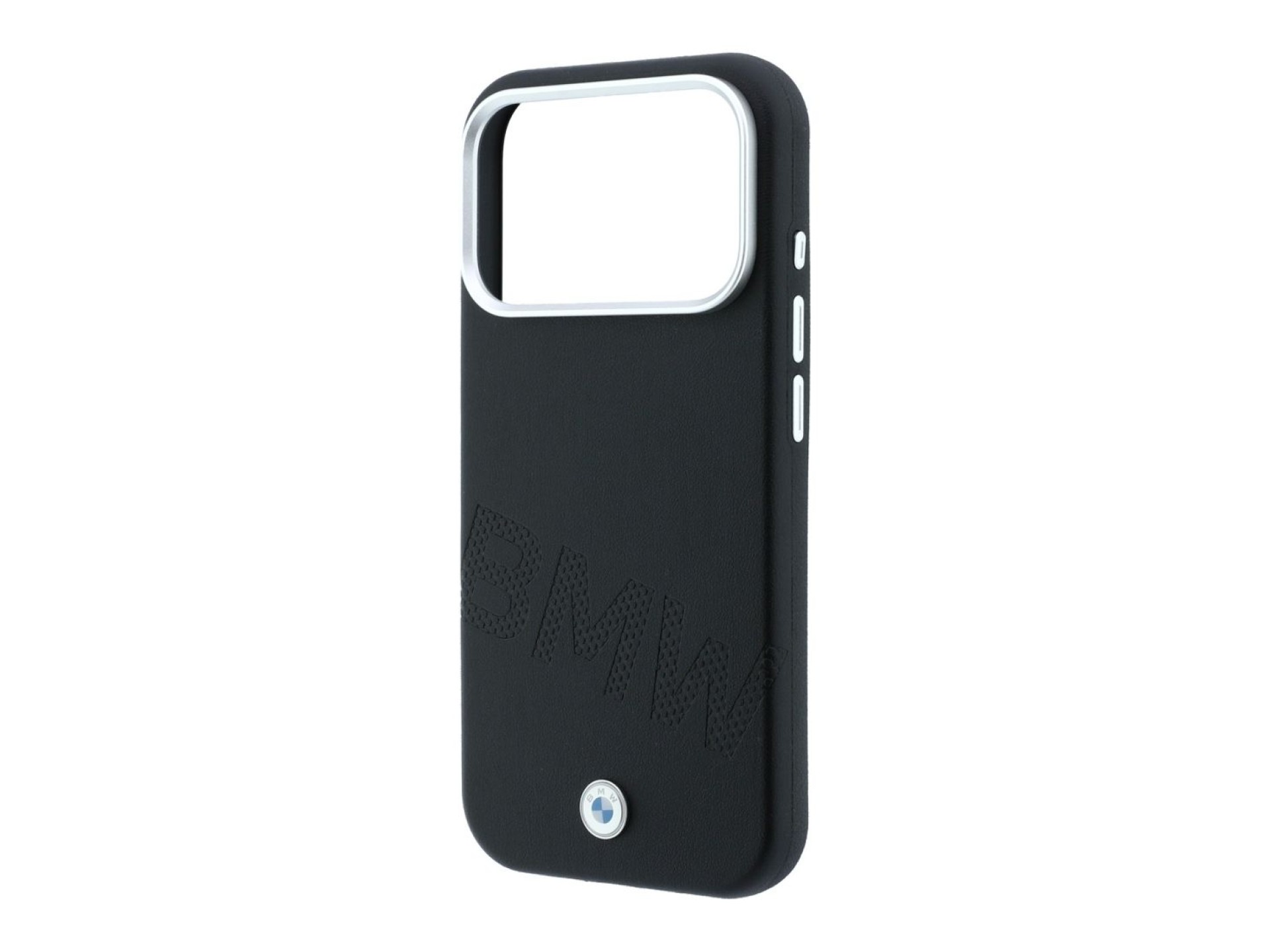Capa MagSafe com letras em relevo inclinadas da BMW para iPhone 17 Pro/18 Pro - Preta