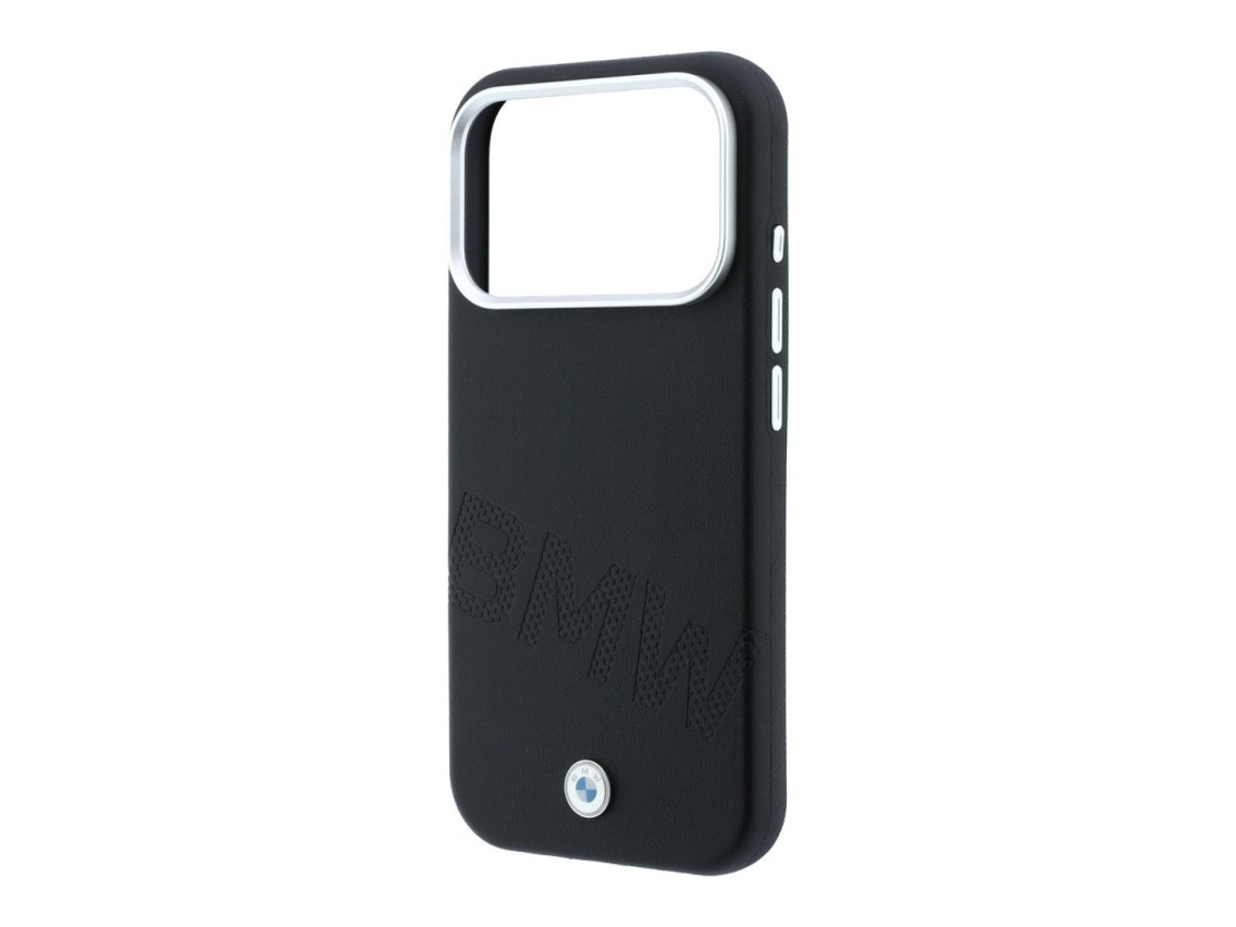 Capa MagSafe com letras em relevo inclinadas da BMW para iPhone 17 Pro/18 Pro - Preta