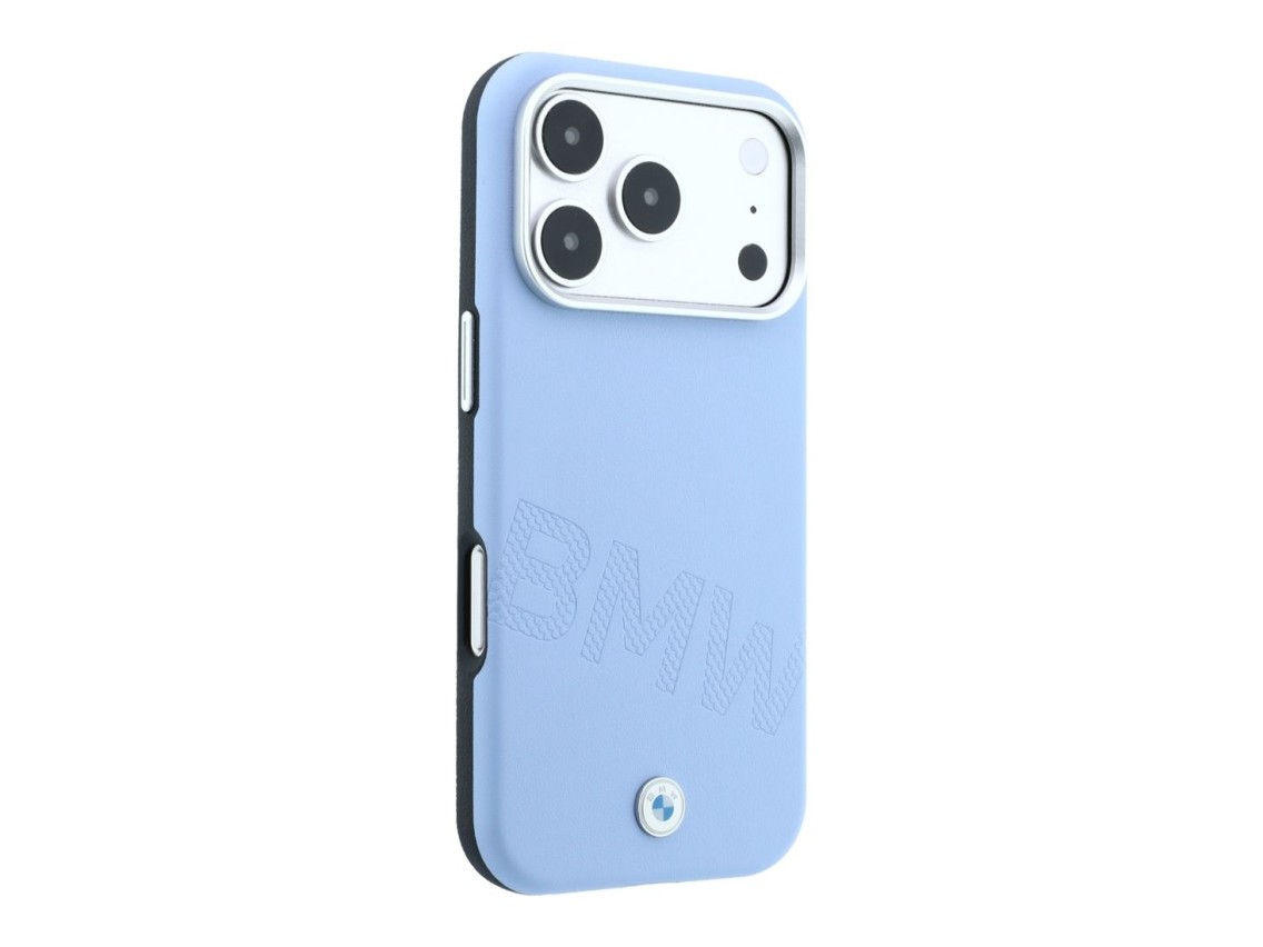 Capa MagSafe para iPhone 17 Pro/18 Pro com letras em relevo inclinadas da BMW - Azul