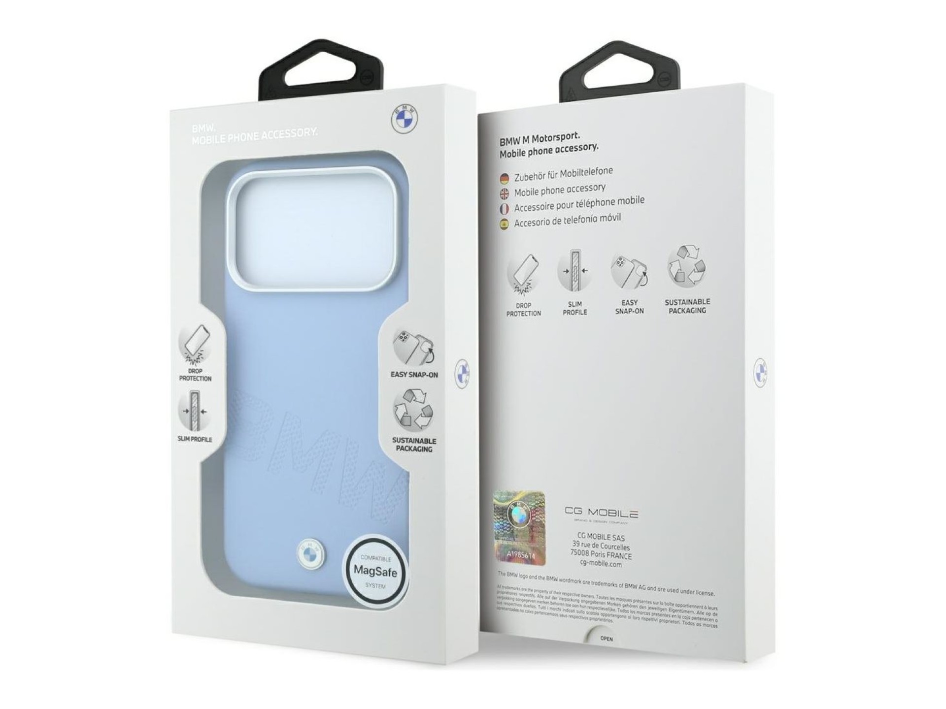 Capa MagSafe para iPhone 17 Pro/18 Pro com letras em relevo inclinadas da BMW - Azul