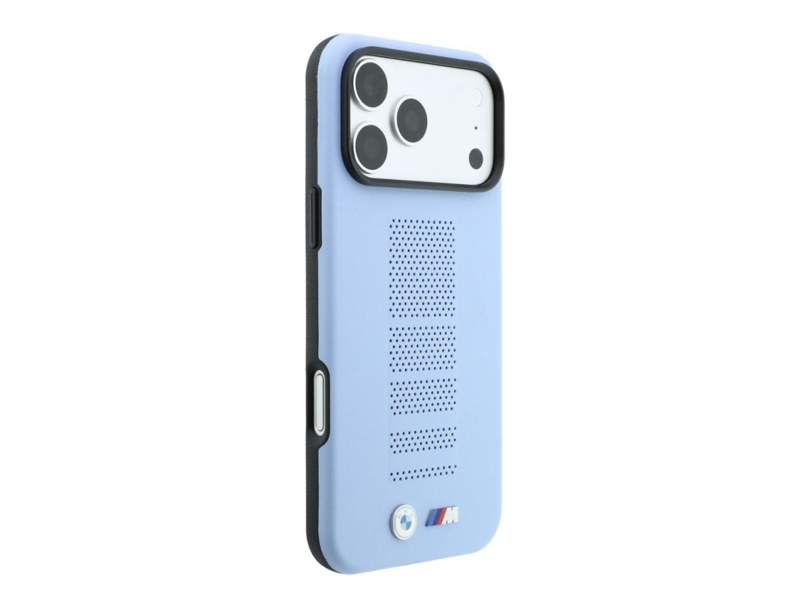 Funda BMW M azul con logo metálico perforado MagSafe para iPhone 18 Pro Max / 17 Pro Max - Azul