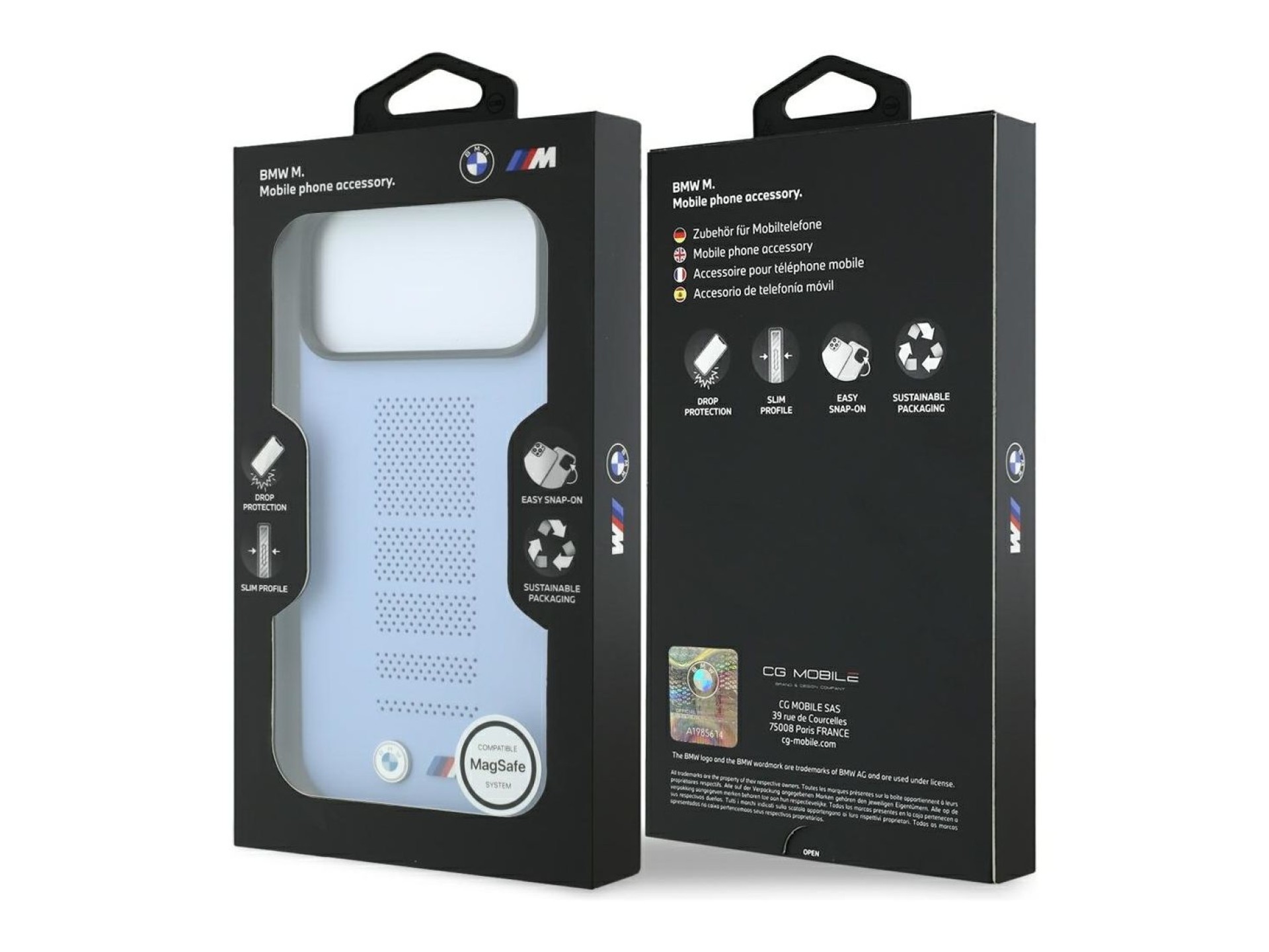 Funda BMW M azul con logo metálico perforado MagSafe para iPhone 18 Pro Max / 17 Pro Max - Azul