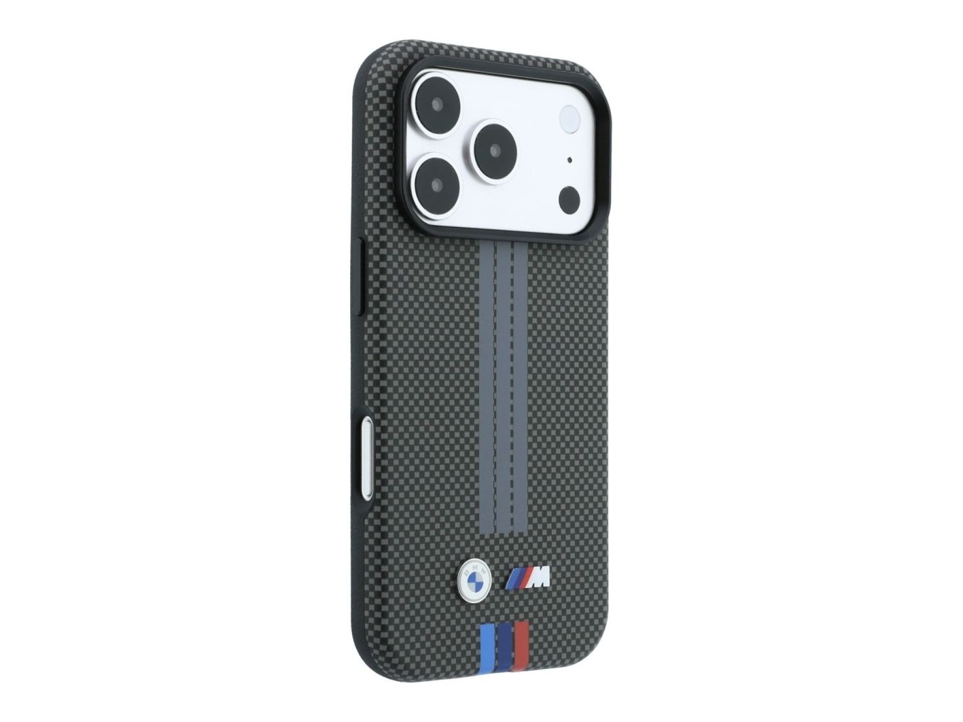 Capa MagSafe BMW M Quadrille Kevlar com estampa tricolor para iPhone 18 Pro Max / 17 Pro Max - Cinza