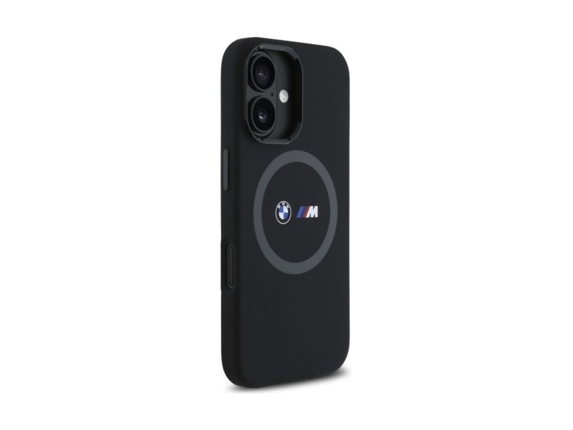 Funda de silicona con anillo estampado BMW M MagSafe para iPhone 16 - Negra