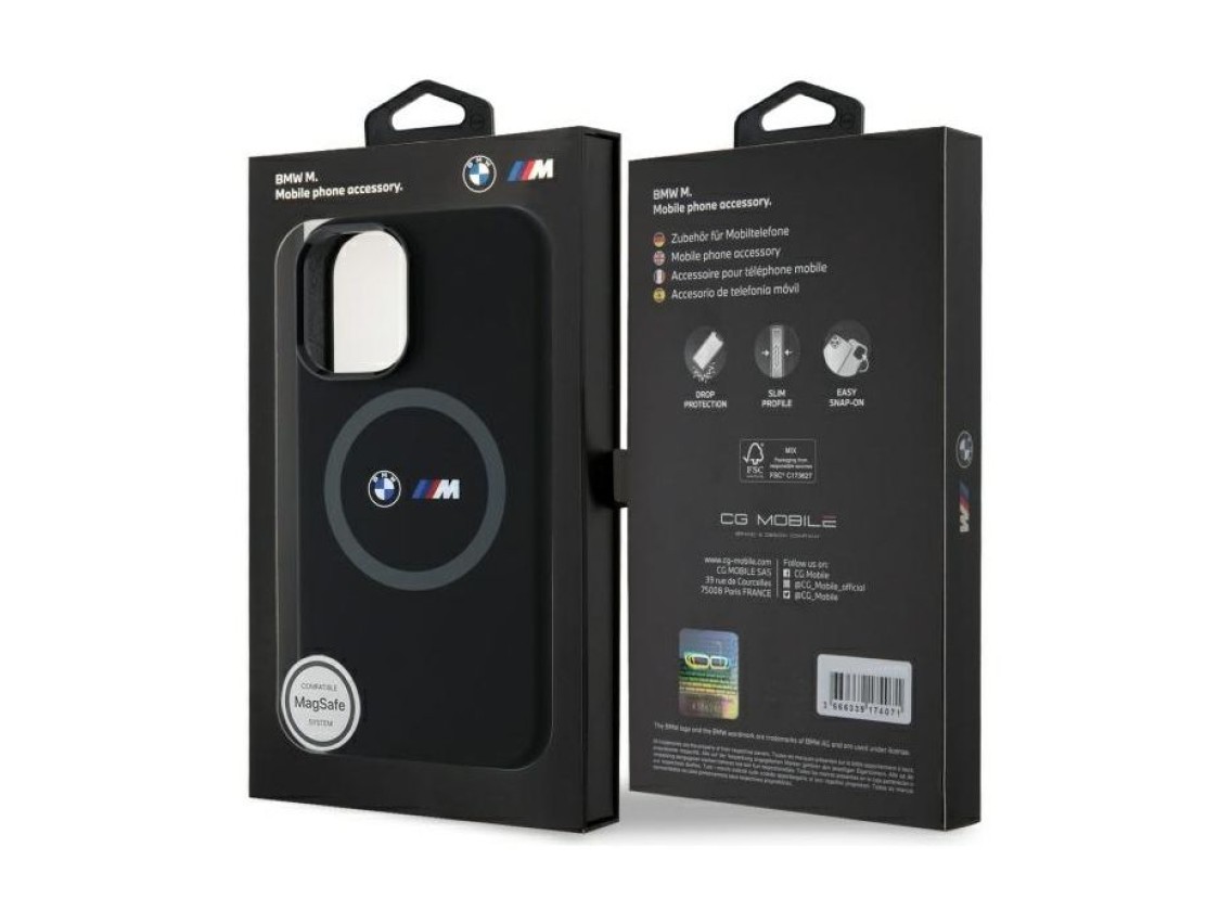 Funda de silicona con anillo estampado BMW M MagSafe para iPhone 16 - Negra